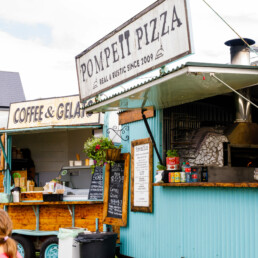 Close-up of the Coffee & Gelato food trailer and the Pompeii Pizza mobile pizzeria trailer in Waterville